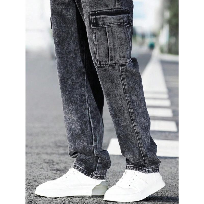 Manfinity RivetRise Men Flap Pocket Side Cargo Jeans, Plain Long Straight Leg Cargo Dark Grey Washed Cargo Jeans, For Husband, Boyfriend Gifts Menswear Viscose 3