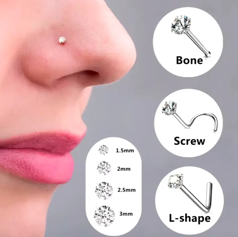 20G Nose Stud – Surgical Steel with 1.5mm, 2mm, 2.5mm, 3mm Cubic Zirconia Crystal | 0.8mm Thin Bar in Silver or Gold | Bone Stud, L-Shaped, or Screw Shape | Stylish & Comfortable Nose Piercing Jewellery for Everyday Wear Unisex