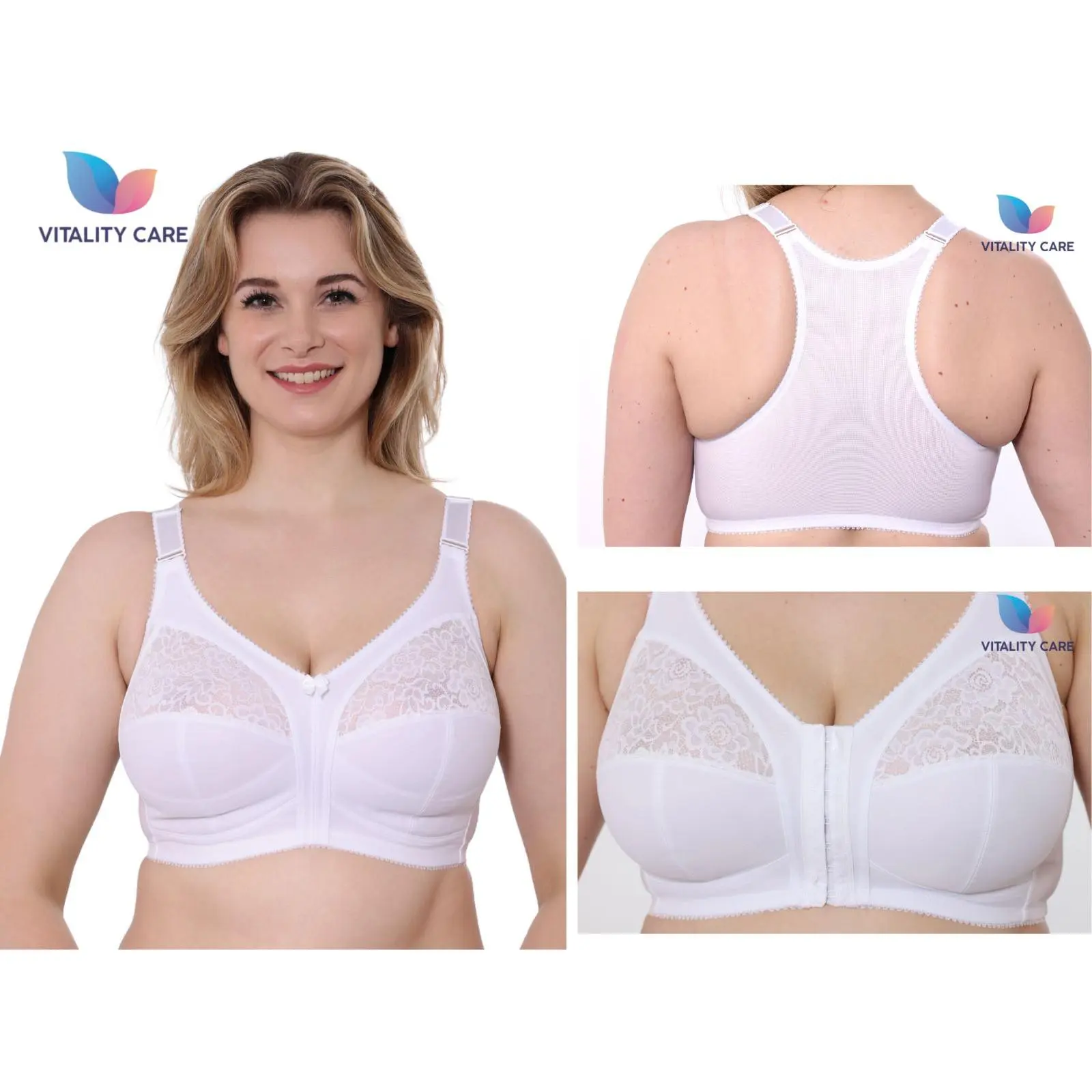 Ladies Front Fastening Firm Support Non Wired Lace Trim Bra Plus Size Uk Cups