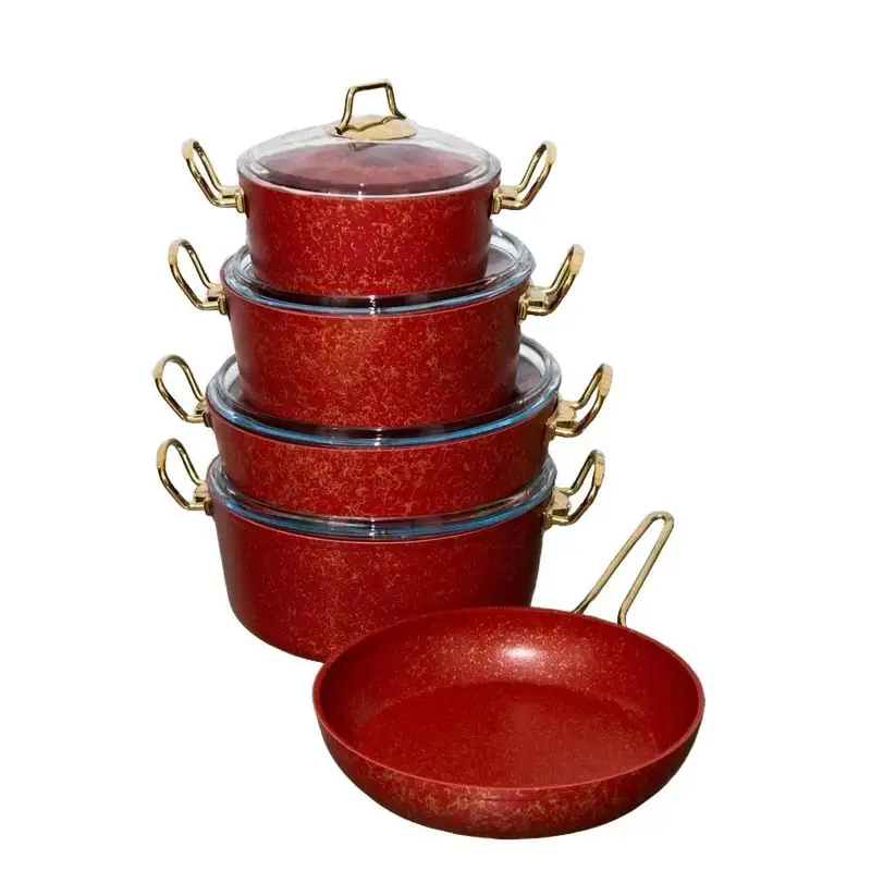 OMS 9PC GRANITE COOKWARE SET RED- Sturdy Aluminium Handles 0