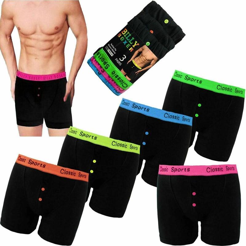 Men's Boxers Shorts Black With Neon Band Underwear Button Fly Cotton Fit UK Size S-2XL 0