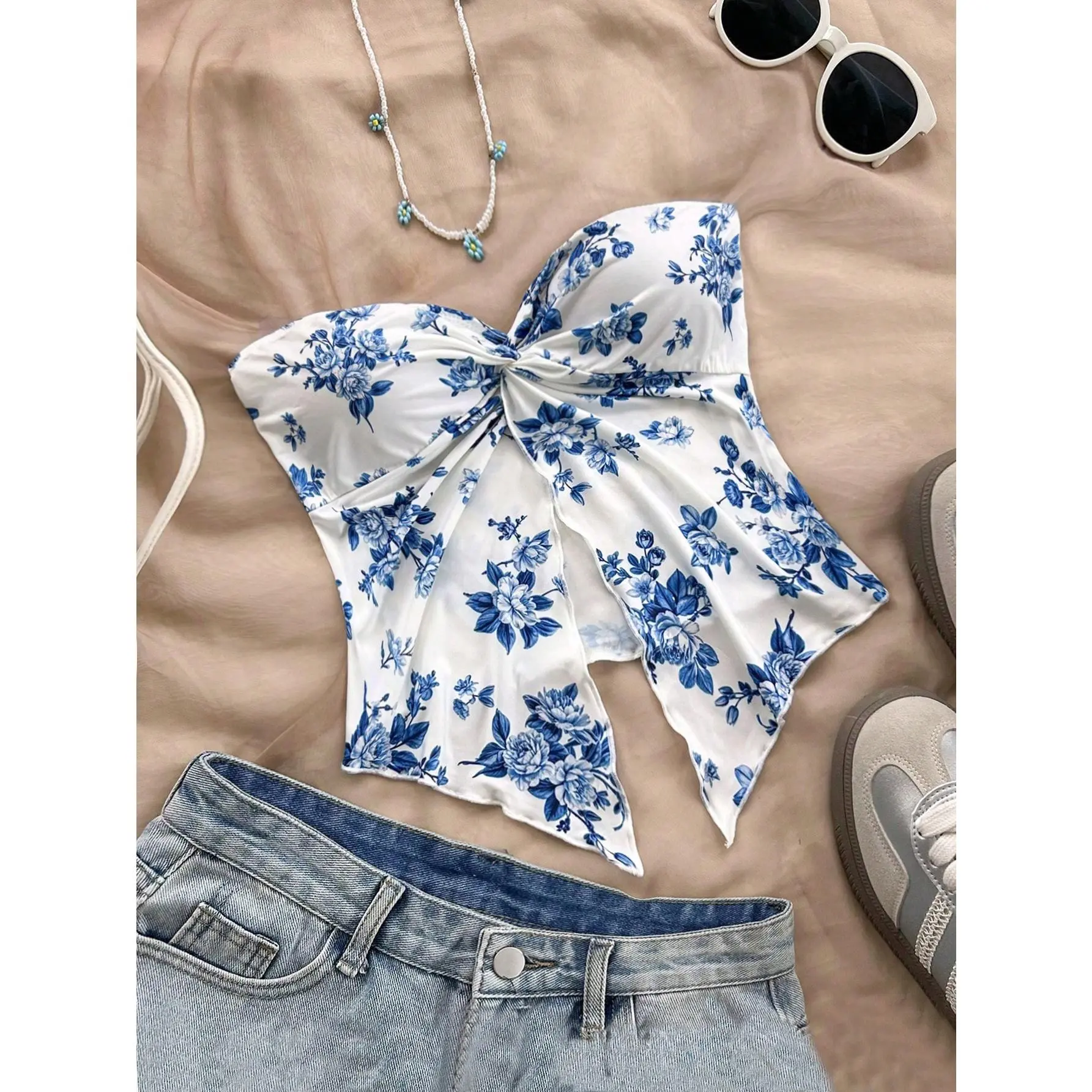 Women's Vacation Blue & White Floral Crop Tube Top With Front Slit - Comfortable Chiffon Top For Afternoon Tea, Graduation, Or Winter Layering, Summer Clothes