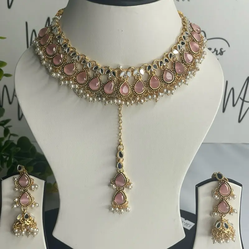 Pink Stone Necklace Set with Tikka and Earrings for Women
