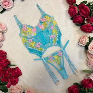 LILIOSA LINGERIE Chic Blossom Blue Corset with Pink And Yellow Floral Embroidery 2 Piece (Corset Clasp+Non-Adjustable Pants) Comfortable Delicate and Breathable Mesh Fabric, Everyday Elegant Womenswear, Adjustable Spaghetti Straps, Sexy Cute Style