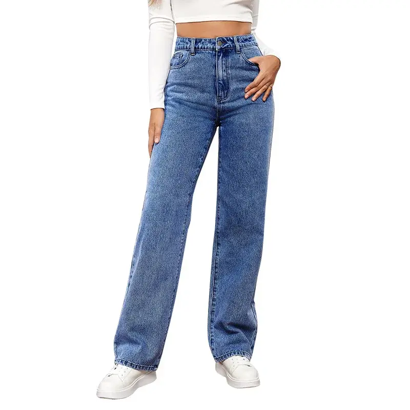 Women Jeans Straight Pants Denim Washing High Waist Loose Fit Pockets Basics Ankle Length Pants Solid Color Slight Strech 4