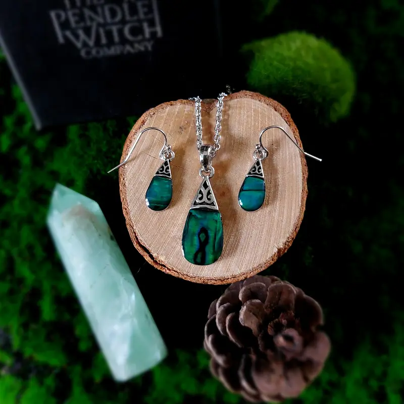 Emerald Green Abalone Shell Teardrop Earring & Pendant Set 3