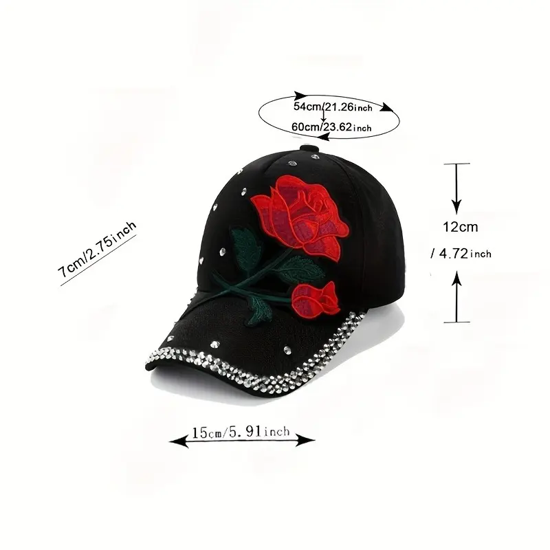 Red Rose Patch Baseball Cap Rhinestone Decor Y2K Sports Hat Lightweight Adjustable Dad Hats 5