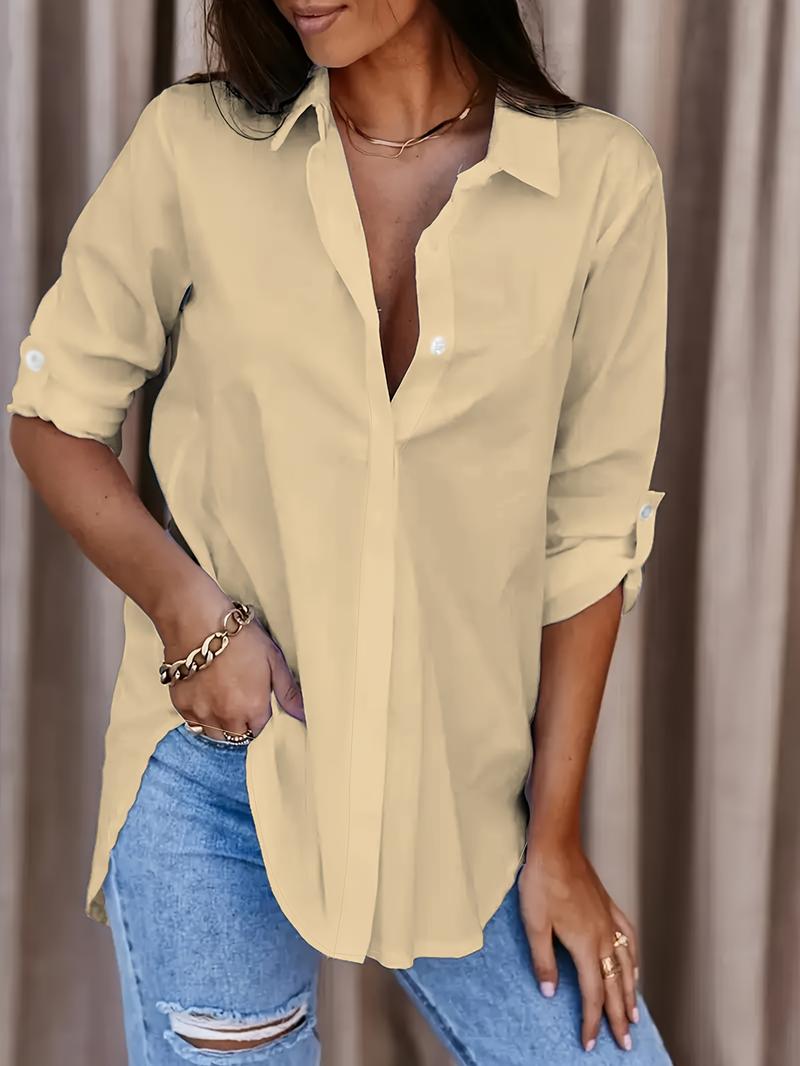 Product Introduction of Solid Button Front Shirt, Casual Turn Down Collar Office Work Shirt, Women's Clothing 15