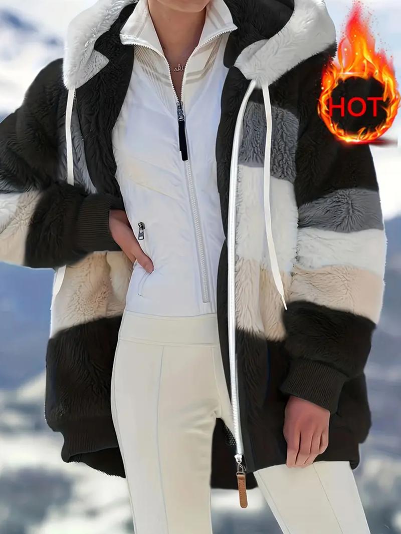 Product Introduction of Women's Color Block Fuzzy Coat - Casual Hooded Zip-Up Long Sleeve Outerwear with Adjustable Drawstring, Warm and Stylish Womenswear Jacket for Daily, Outdoor, or Travel Wear Tops 7