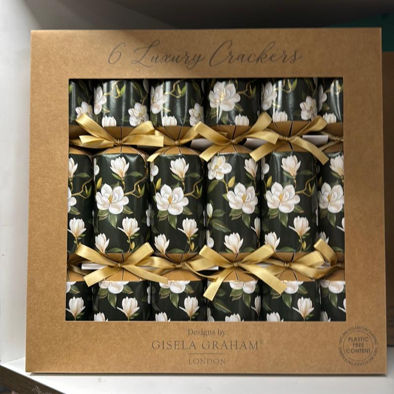 Set of 6 Gisela Graham Christmas crackers white green floral table day festive ribbons Decor 0