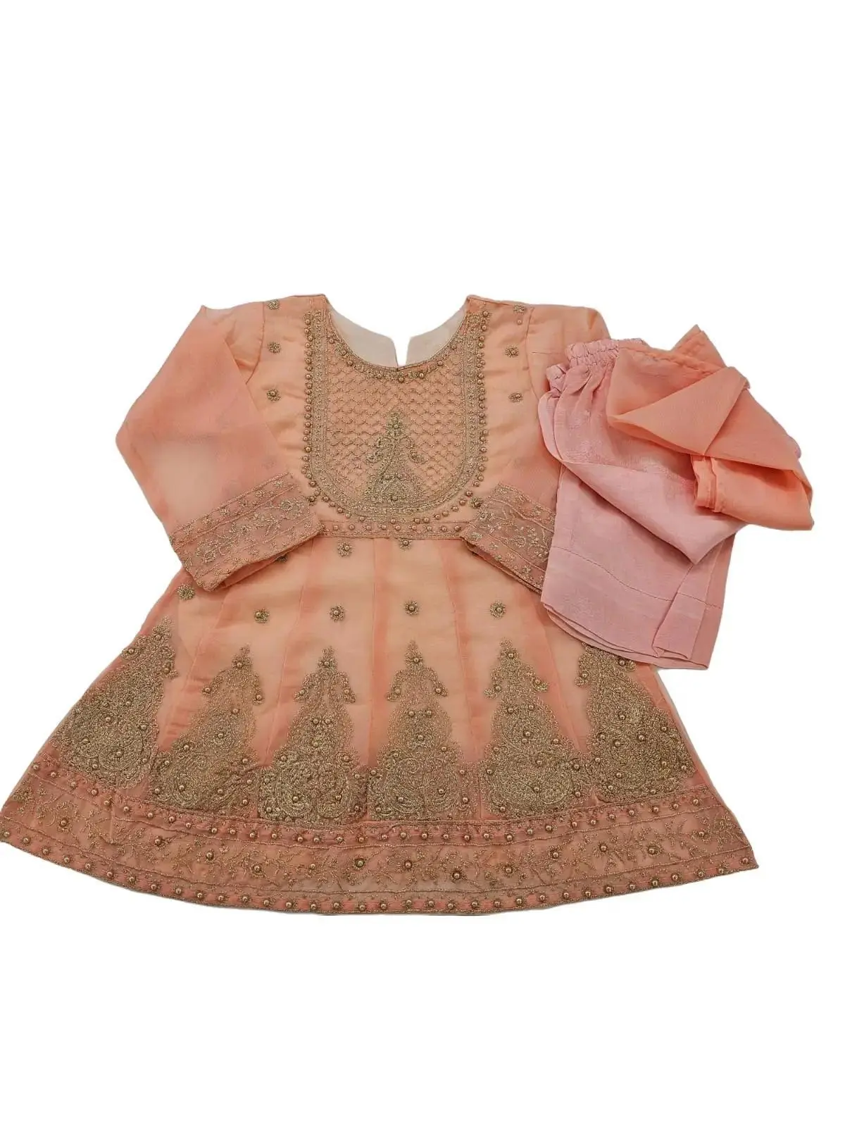 Girls Pakistani Embroidered Chiffon Dress Top With Trouser - 3 Colours