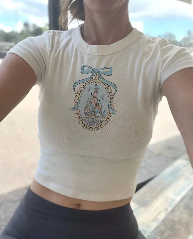 Cinderella's Castle Baby Tee, Walt Dsney Castle Locket, Bow Mickey Crop Tank, Cute WDW youth tshirt, Dsney Coquette tank top, Baby Girlies women's shirts hand top shirt shutty crop top addictive top clothes short women baby tee