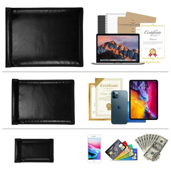 Product Introduction of Waterproof & Fireproof Farady Bags, 5 Counts Signal Blocker Bags, Anti-Signal Blocker  Bags, Storage Bag for Car Keys, cell phone, credit Cards, tablet and Laptop. Storage bag for Business Files 6
