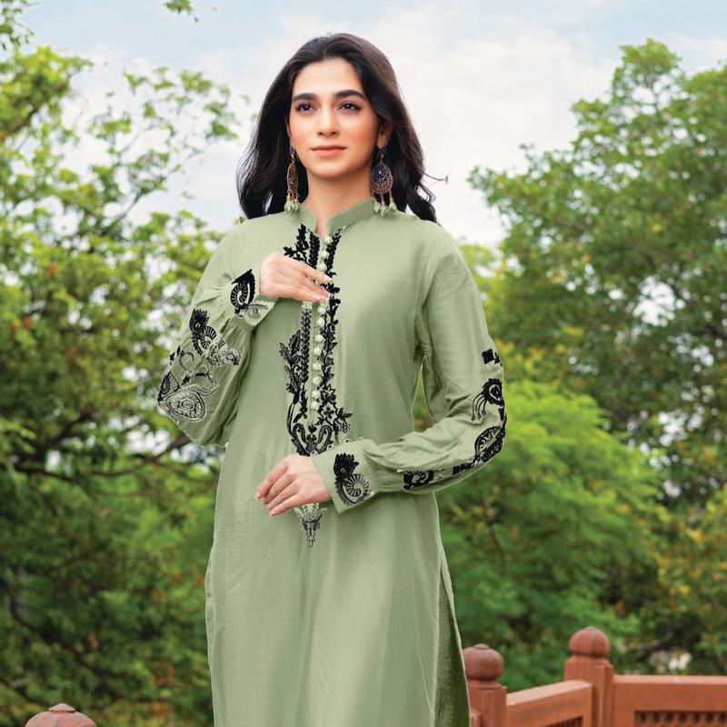 Haneen Collection By Momina Designer | PD-440-5 - 2 Piece Stone Linen Embroidered Kurti With Trouser  | Womenswear Elegance 2