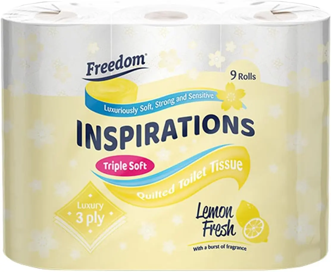 Freedom Inspirations Luxury 3Ply Toilet Roll - Quilted Lemon Fresh Triple Soft and Scented Hygiene White Toilet Tissue and Loo Rolls Wipes