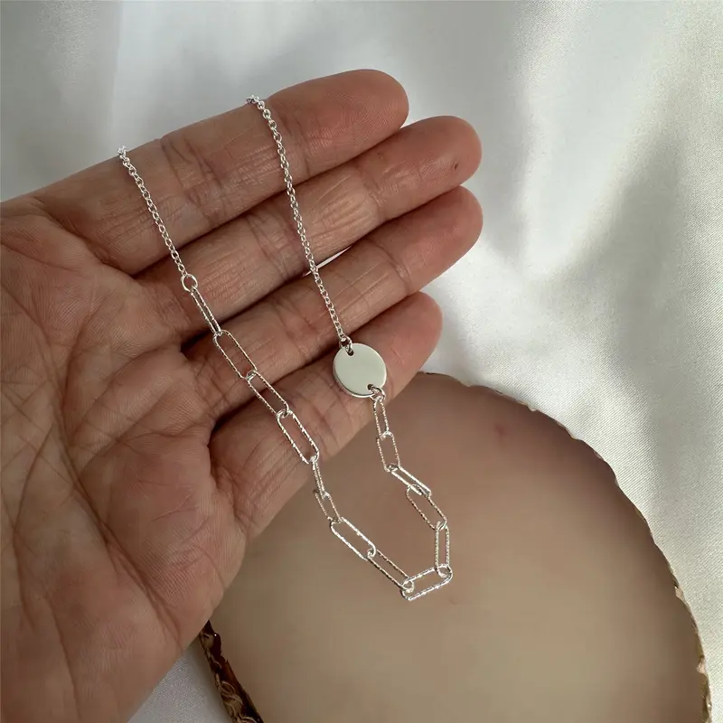 Sterling Silver Engravable Disc Long Hammered Link Necklace 3