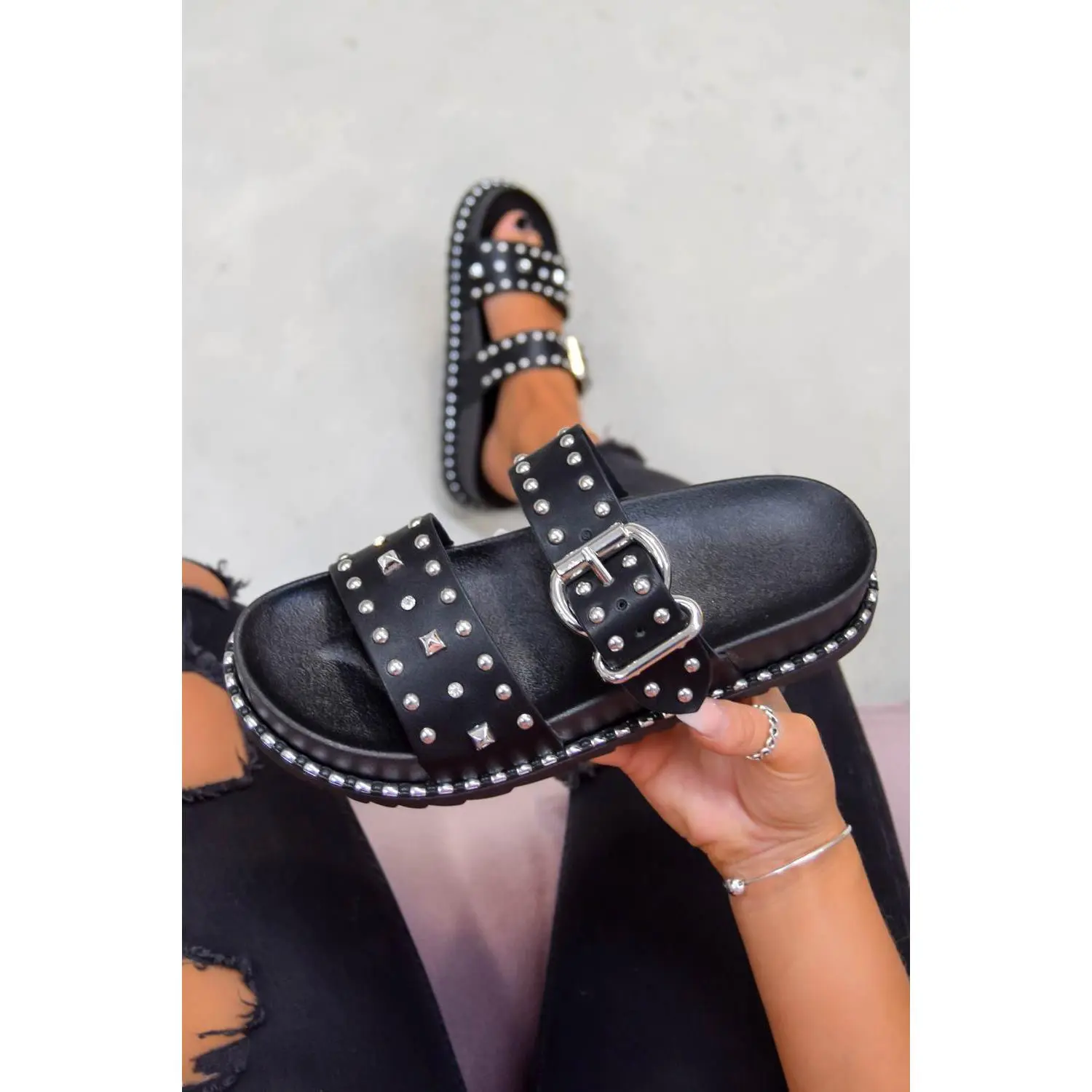 NEED ME Chunky Studded Buckle Sandals - Black/Silver