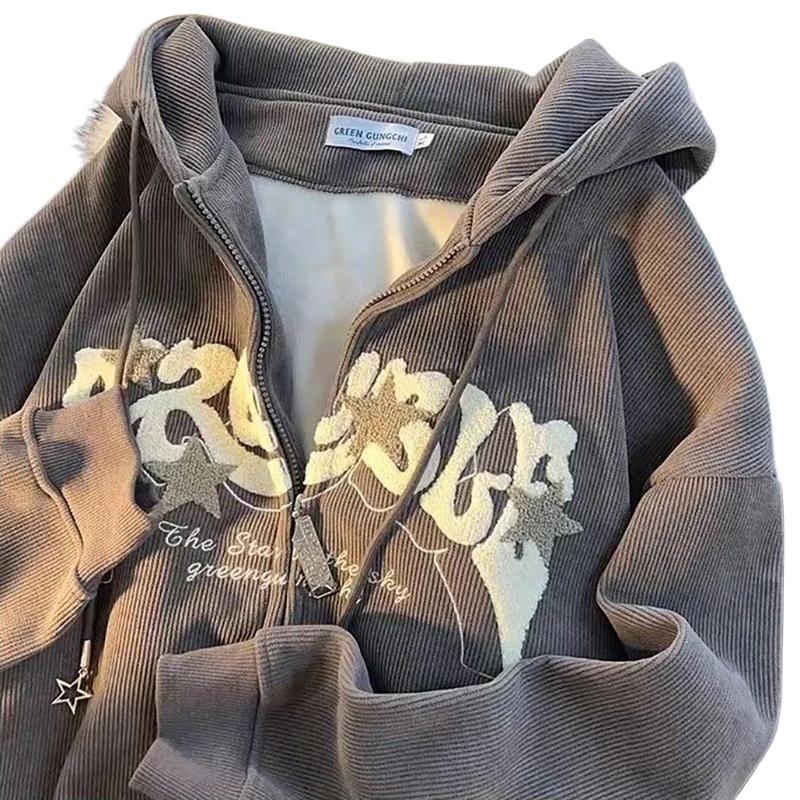 Product Introduction of Y2k Zip Up Hoodie Women Retro Embroidered Letter Loose Long Sleeve Tops 2025 Casual Hooded Sweatshirts Harajuku Jackets coat 15