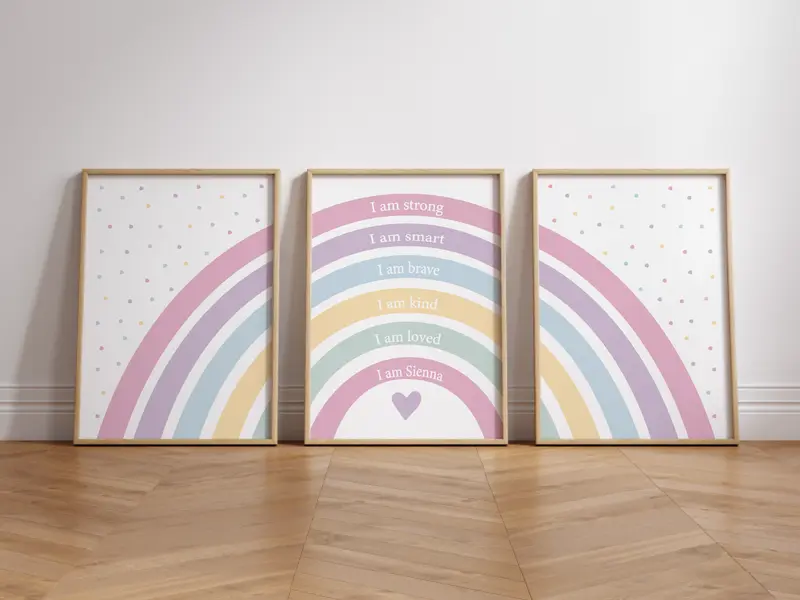 Set of 3 Girls Rainbow Prints, Affirmation Girls Prints, Rainbow Nursery Wall Art, Bright Colours, I am Print, Personalised Name Print, Girls Bedroom Print Playroom, Girls Room Decor, Girls Room Makeover Gift Photo Poster Satin etsy  prints 3