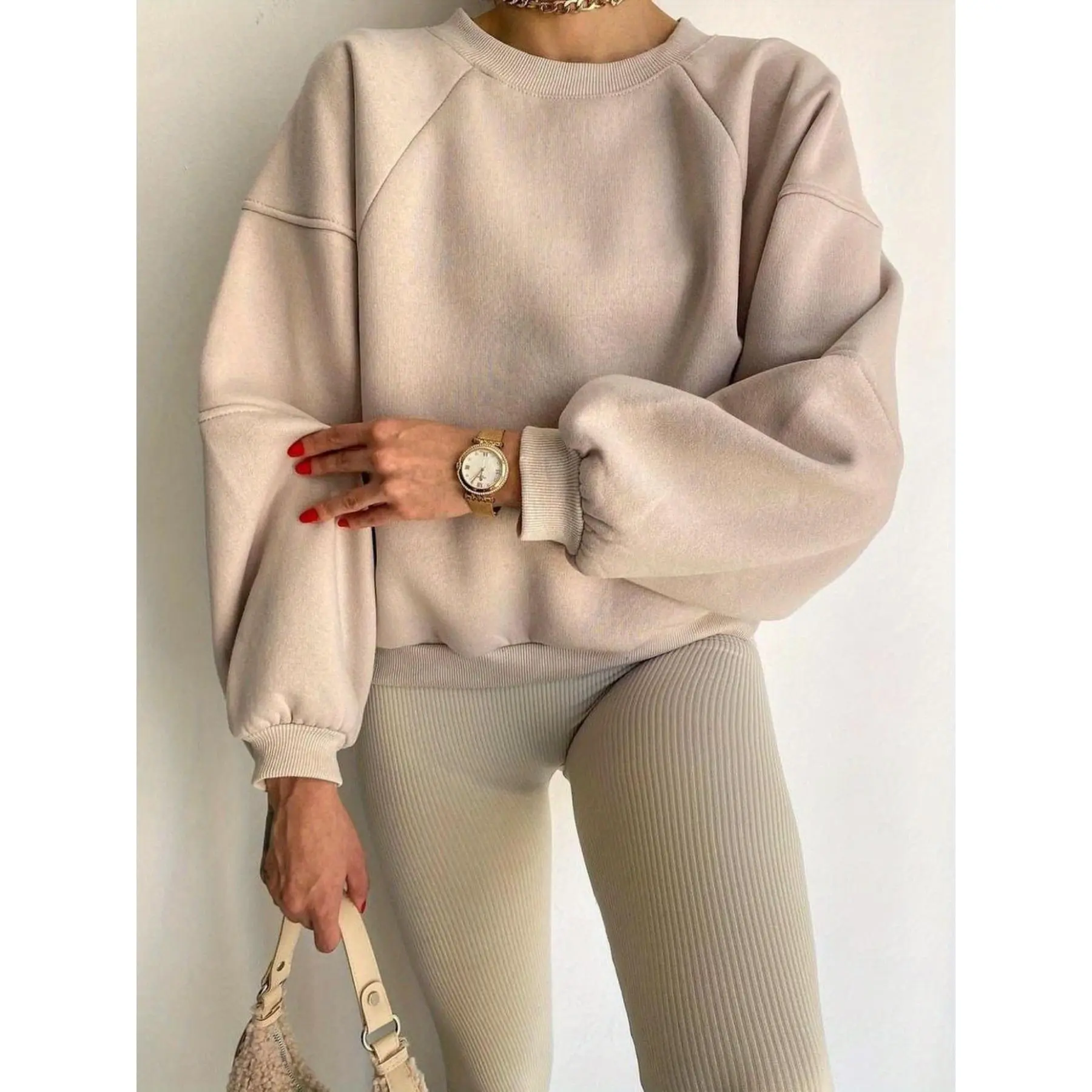 Women's Casual Pullover Hoodie, Autumn/Winter Solid Color Long Sleeve Round Neck Spliced Sweatshirt, Home Loungewear Top