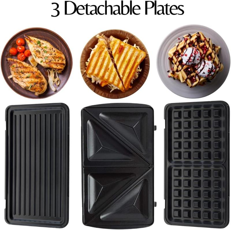 Domestic King 3 IN 1 Snack Maker Waffle Machine, Sandwich & Toastie Maker, Panini & Grill Press, Interchangeable Non-Stick Plates 4
