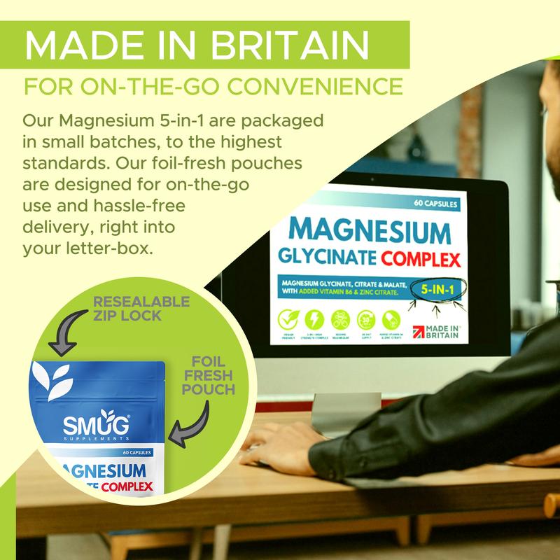 Magnesium Glycinate Complex British Made 5-in-1 by SMUG Supplements - 60 Capsules - Advanced Blend Combining Magnesium Glycinate, Citrate and Malate.  With Added Vitamin B6 and Zinc. 3