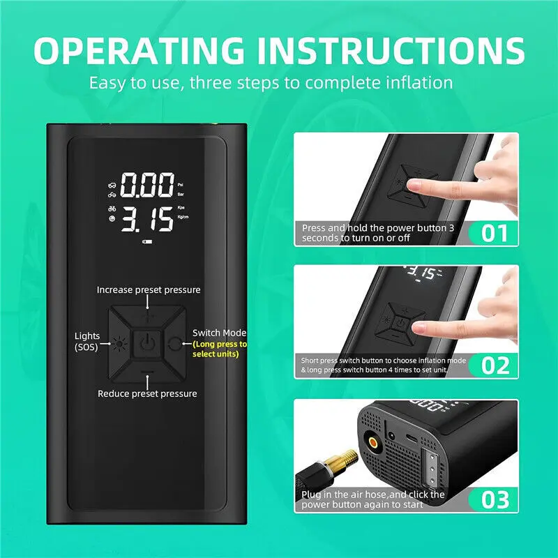 Car Tyre Inflator Cordless Digital USB Rechargeable Tire Air Compressor Pump 3
