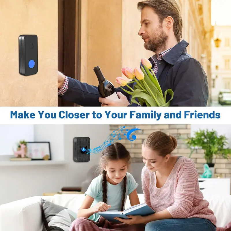 Wireless Doorbell, IP55 Waterproof Cordless Door Bells Chime Kit-1000 Ft Range 55 Chimes 5 Volume, Battery Operated Push Button & 2 Plug-in Receivers with LED Flash Easy Install Black (N628) 1