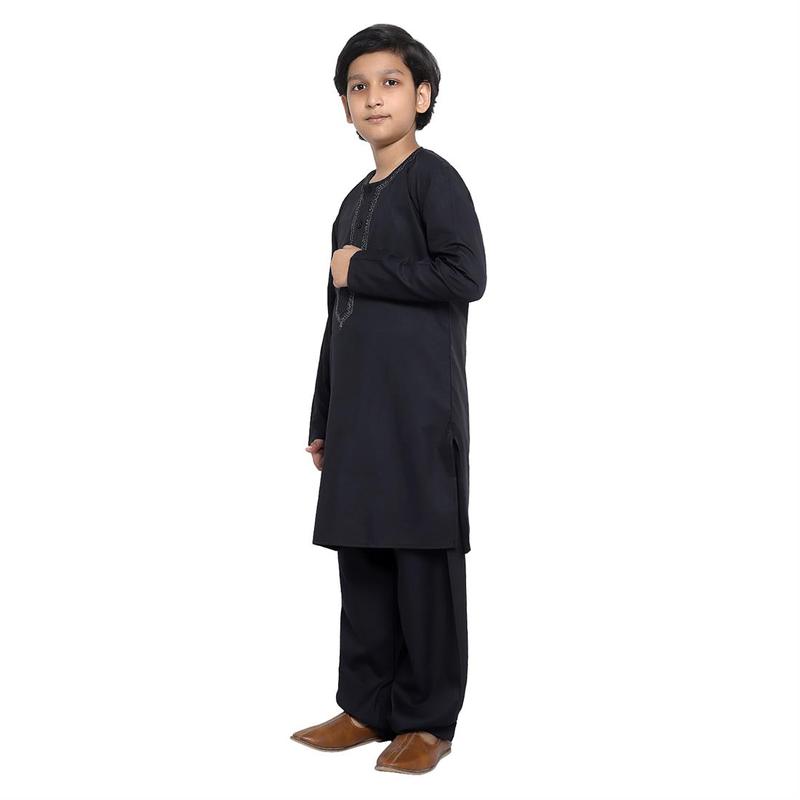 KIN-KG607-B - Boys Plain Kurta with Embroidery embellishment around neck and buttons area, comes with Shalwar. Ple 1