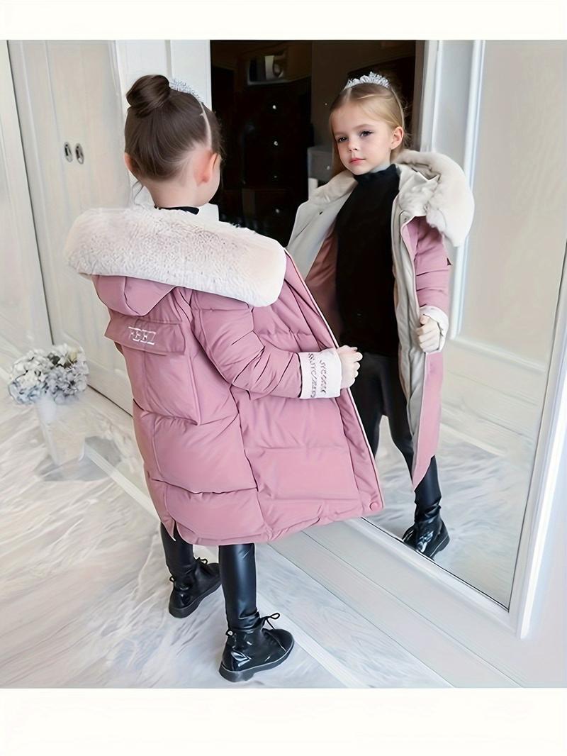 Product Introduction of Girls Trendy Furry Hooded Collar Long Polyester-Padded Jacket, Mid-length Kids Winter Clothes 1