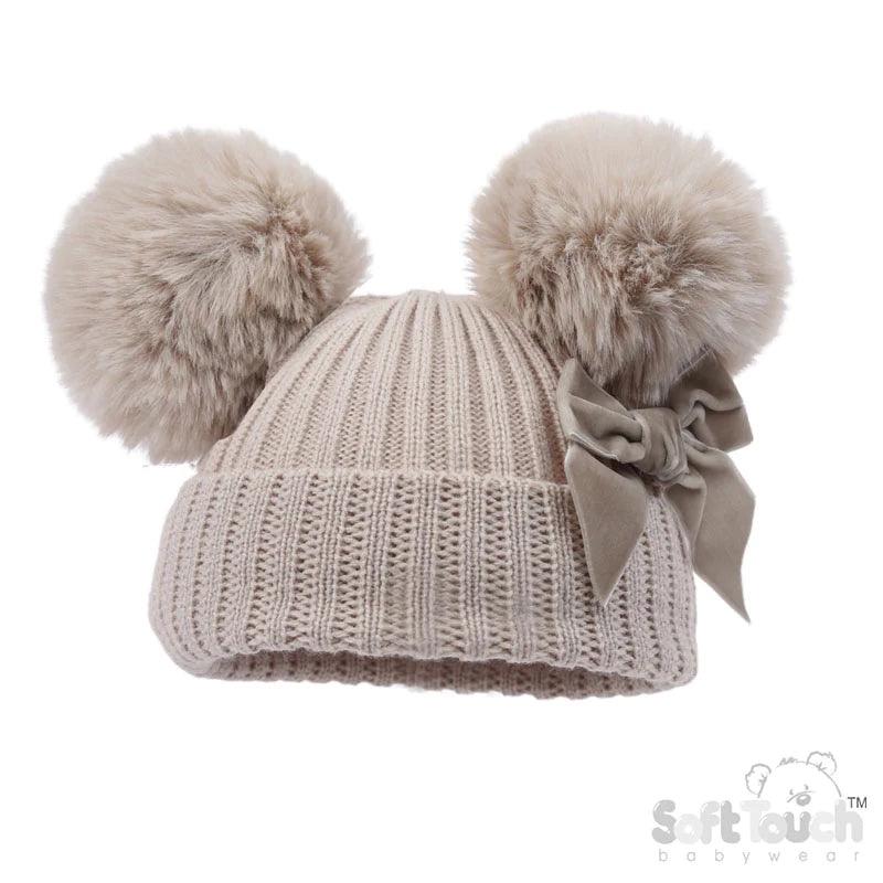 Baby Girls Velvet Bow Pom Pom Hats - Newborn To 12 Months 1