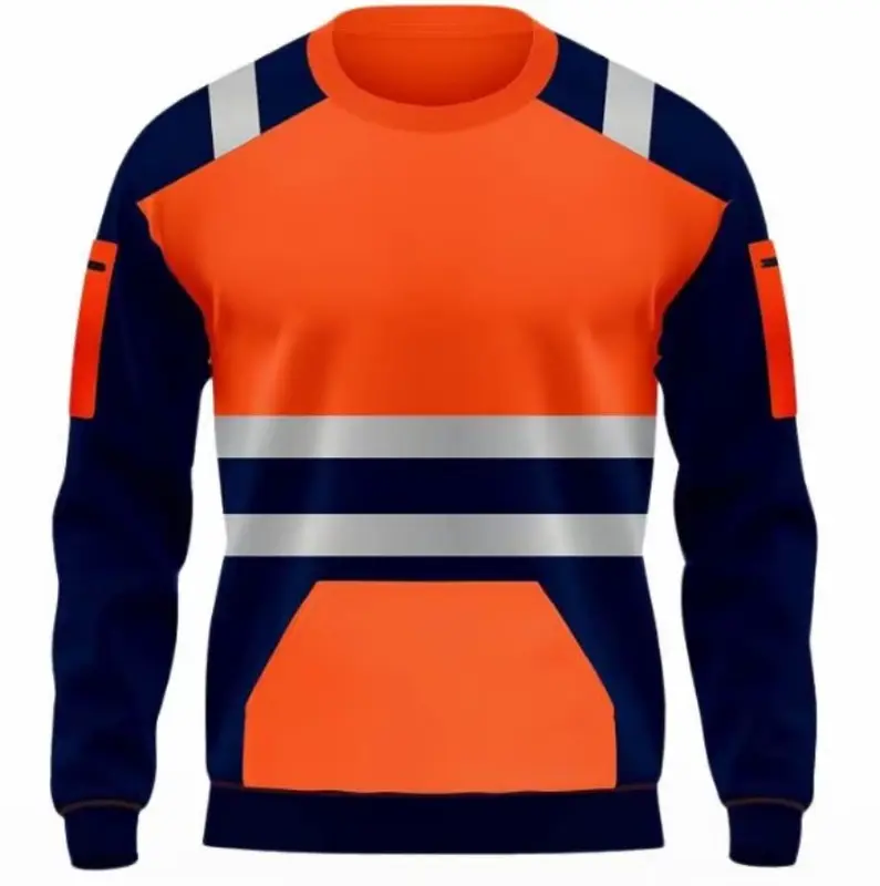 Hi Viz Hi Vis High Visability Visibility Sweatshirt Jumper Pullover Bright Menswear Men Storm Range Tradesmen Workwear PPE Stylish Side Pockets Utility Pouch Pockets Arm Pocket Round Neck Crewneck Visible Long Sleeve Crewneck 3