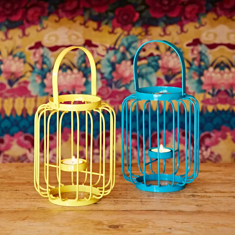 Colourful Iron Lantern Tea Light Holder - Centrepiece - Small Pillar Candle Holder - Indoor - Outdoor - Vibrant Teal or Yellow Colour 5