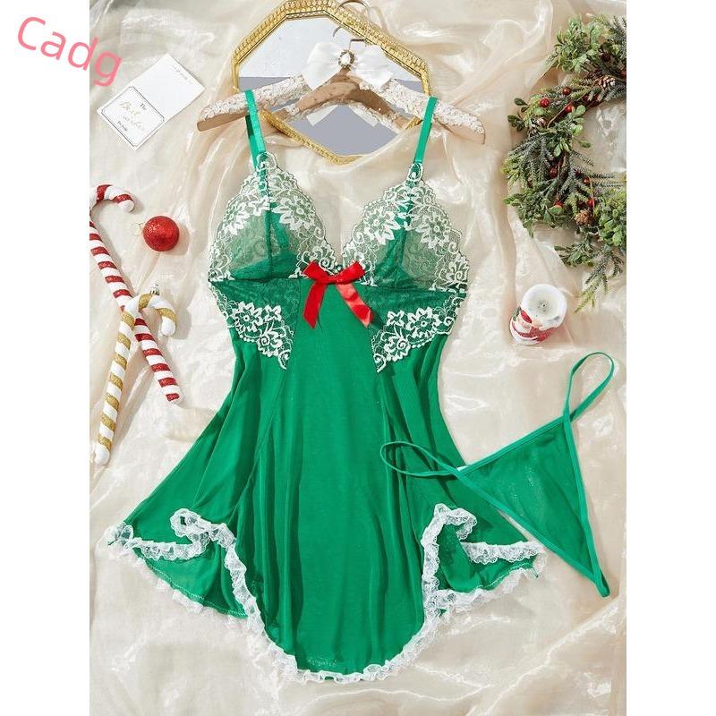 Women's Contrast Lace Bow Decor Cami Nightdress & Panty Two-Piece Set, Solid Color Deep V Neck Nightgown & Panty, Ladies Sleepwear for All Seasons Womenswear Loungewear 1