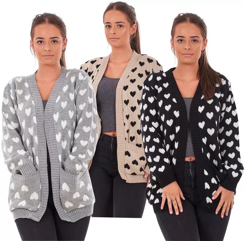 New Ladies Heart Knitted Cardigan Pockets Long Sleeve Regular Big Sizes S to 2XL sweater season coatigan 0