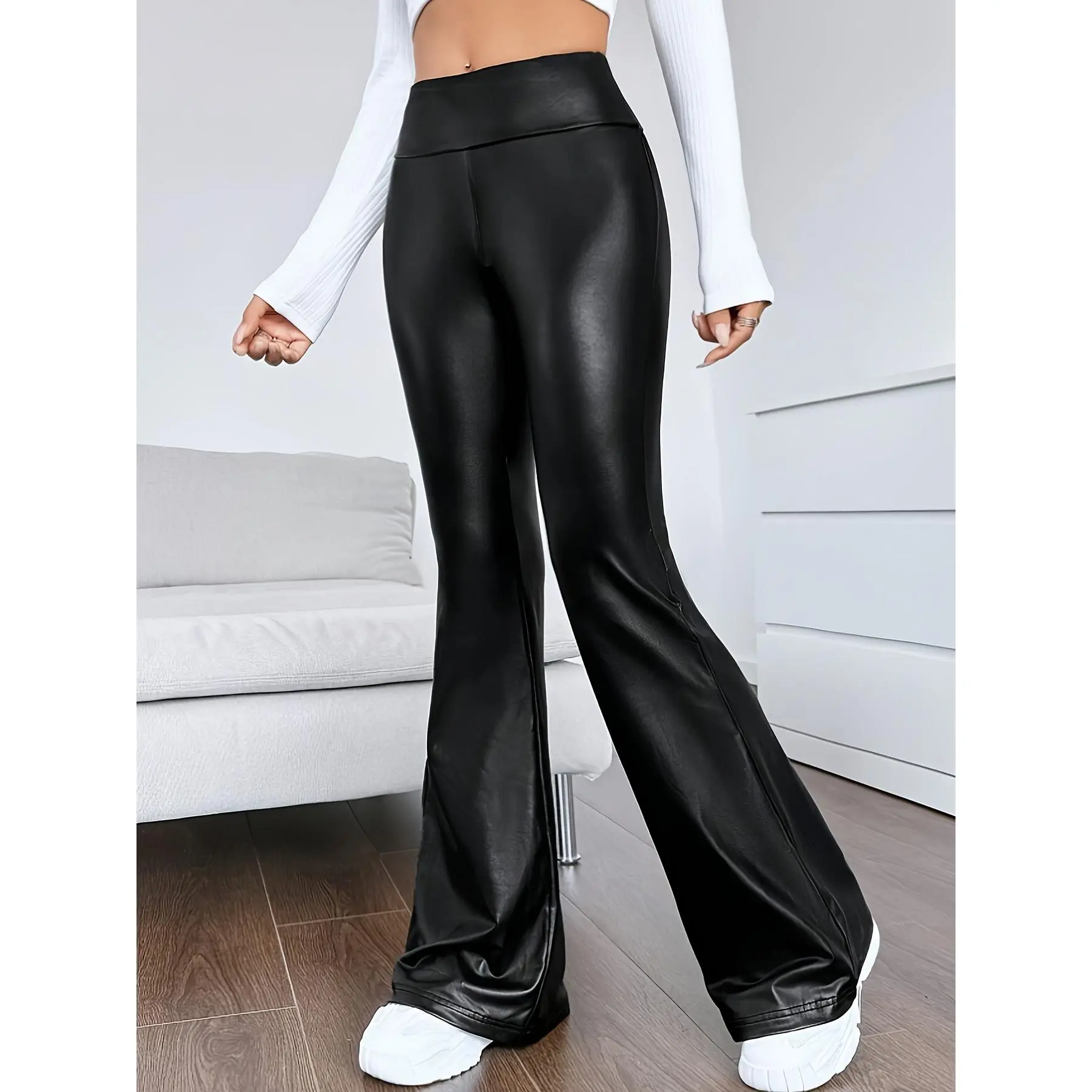 Faux Leather Flare Leg Pants, Elegant High Waist Slim Pants, Women's Clothing