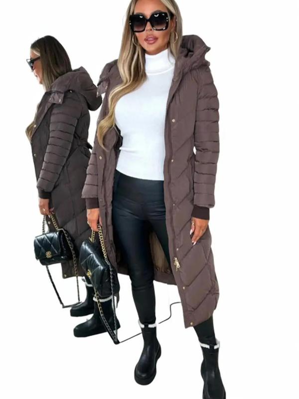 Women's Chevron Style Padded Belt Long Coat for Winter. classic Womenswear Casual Comfort plain modern spring puffer Chic Elegant 1