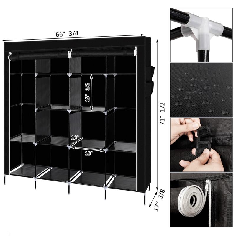 Hot Selling Item High-Capacity  12 Shelves Portable Wardrobe Clothes Storage Rack 4 Side Pockets Black 3