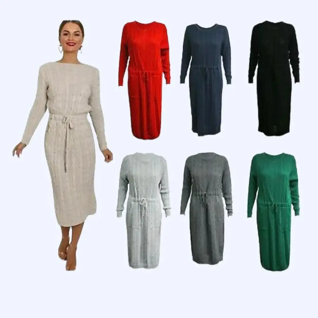 Ladies Cable Knitted Pocket Tie up Long Midi Dress with Belt - Clothing Knitwear Womenswear