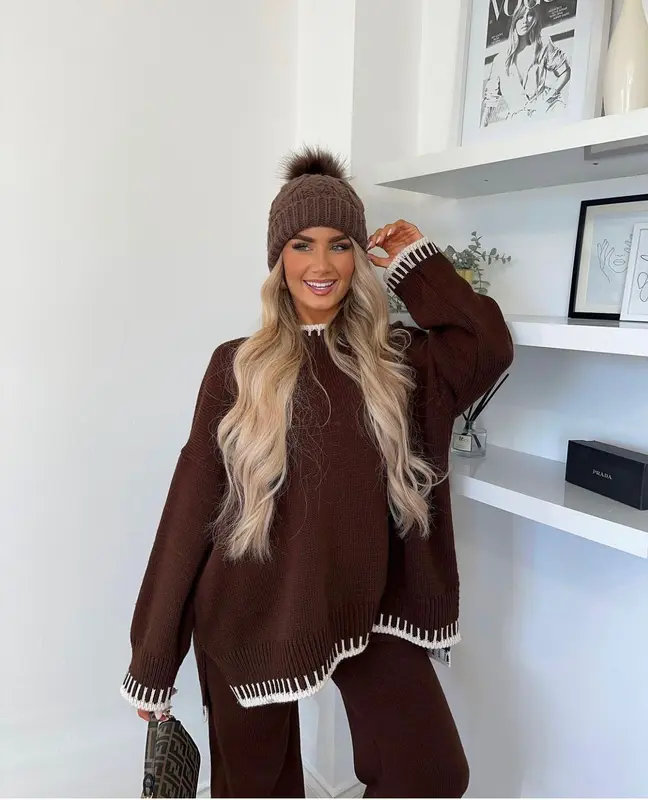 {GLAMDOLL} PEGGY Round Neck Oversized Stitch Design Top & Trouser Set 3