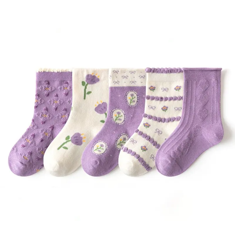 Adorable Baby Girls White Purple Flower Floral Socks - Soft Breathable Flower Floral Design Set of 5 or 10 Pairs - Age 1 to 8 Years Old