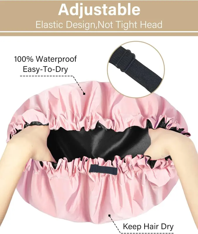 Shower Cap,Extra Adjustable Shower Caps for Women Double-Layer Waterproof Reusable Hair Cap, Large Size Hair Cap for All Hair,for Girls Spa Bath,Soft and Comfortable (Pink) 3