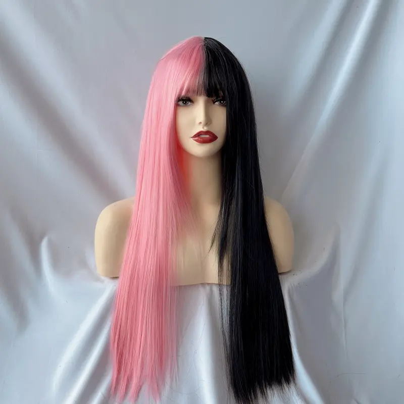 Woven Wigs Women's High Temperature Fiber 100% Straight Hair Cosplay Wig with Air Bangs, Buckle Net Cap, Full Head Coverage, Party Festival Daily Wear 3