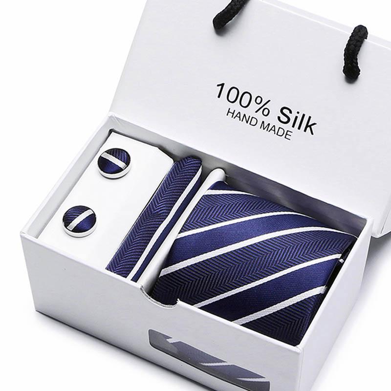 2023 100% Silk Jacquard Necktie White Geometric Tie Hanky Cufflink Set Ties For Men Gravatas Business Wedding Party Wholesale 2