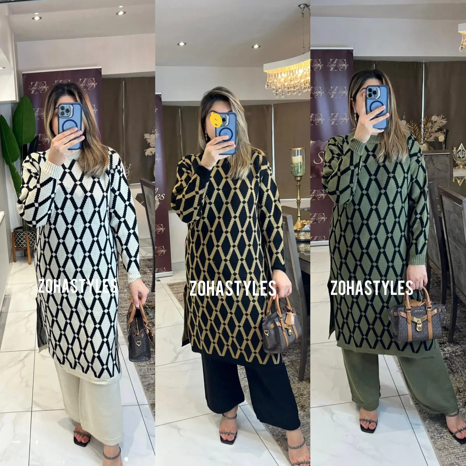 Women's Ladies Knitted Diamond Print Side slit Dress Trouser 2Pcs Co-Ord Set Modesty