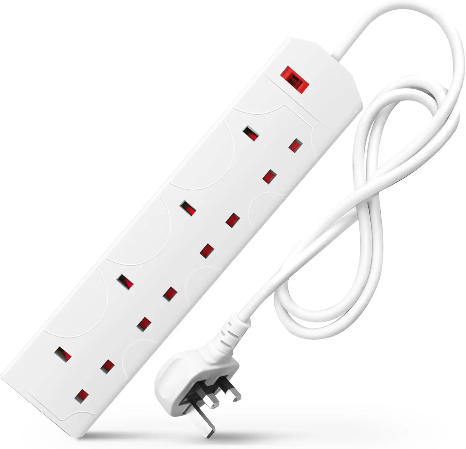 White Electric Extension Lead - 4 Gang, 1 Metre Cable with UK Plug & 3 Pin Socket - Wall Mountable & Multi Socket Mains Strip for Home, Bedroom, Kitchen, & Office (1 Pack)