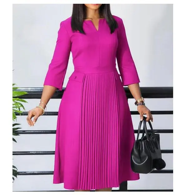 2025 Women Spring and Autumn New Fashion Elegant Solid Color V-neck Pleated Plus Size African Swing Dress