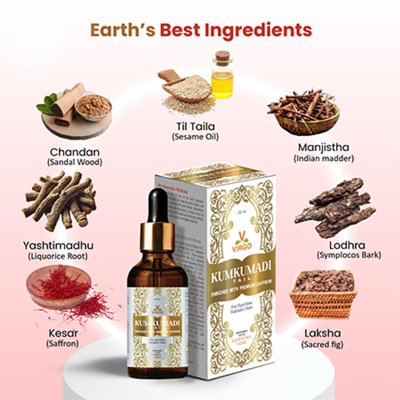 Virgo Ayurveda Natural Kumkumadi Oil Pure Saffron Herbal Made for Face & Skin Oil with Premium Saffron Herbal Made for Face & Skin 25ml - Early age wrinkles | Black spots | Pimples | Dull Skin | Uneven skin tone Skincare Moisturize Moisturizing 1