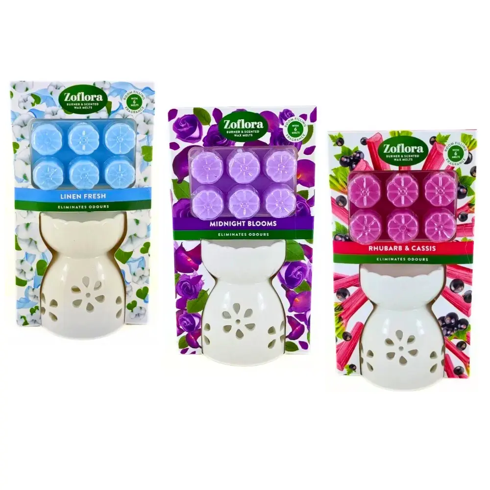 Zoflora Wax Melts Pack of 6 Oil Burner Included Midnight Blooms Linen Rhubarb