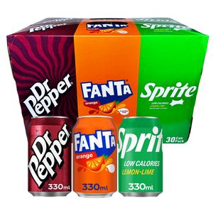 Dr Pepper, Fanta Orange, Sprite Lemon-Lime Cans 330ml - Pack of 30, Variety Pack Bulk Saving Bundle Mix Beverage Sweet Tangy Drink